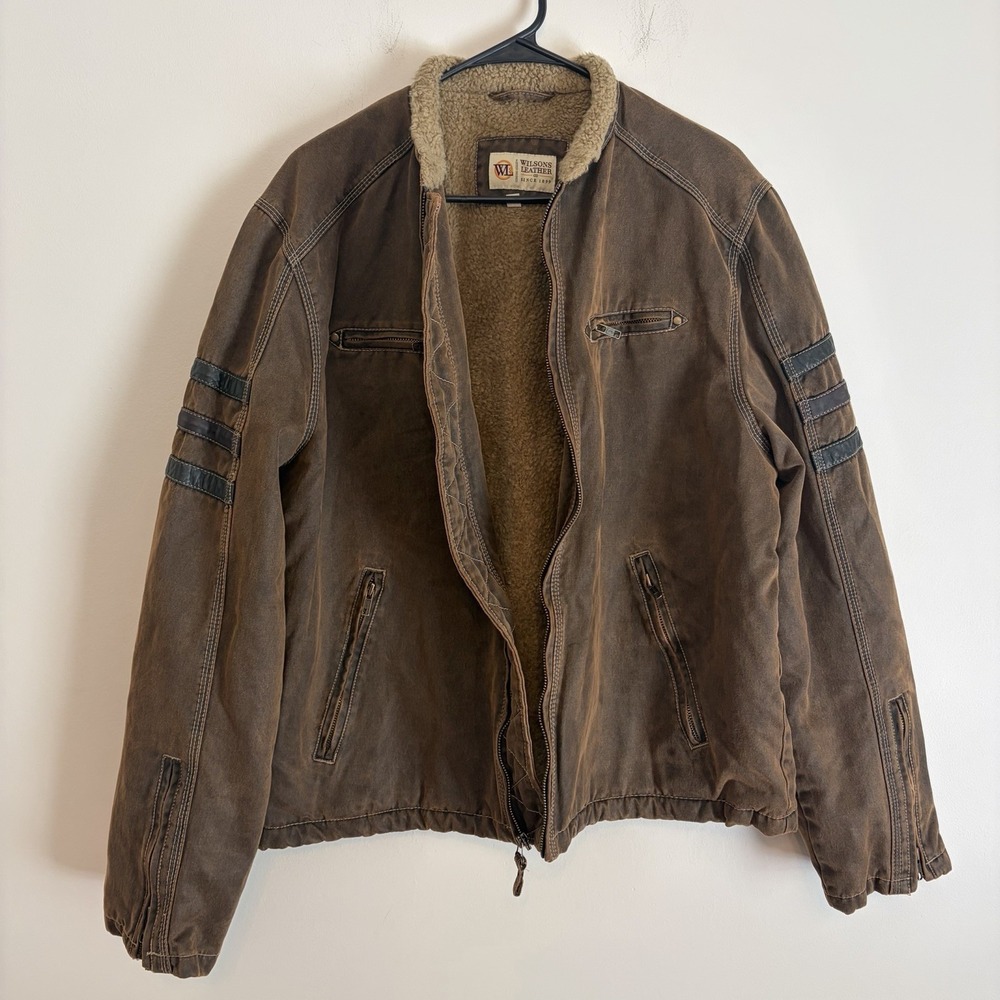 Vintage 90s Wilson's Leather Brown Suede Leather Sherpa Aviator Biker Jacket L